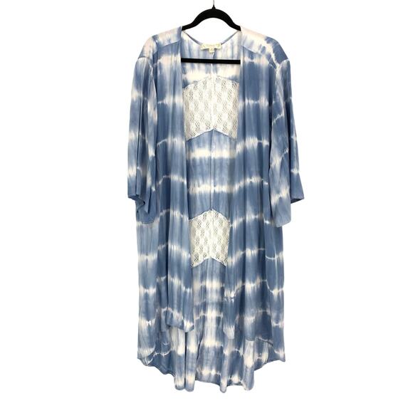 Weekend By Suzanne Bertro Kimono Womens 4X Tie Dye Blue White Striped Lace Inset - Picture 1 of 4